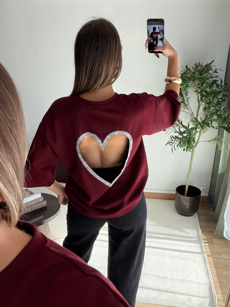 T-shirt cœur strass bordeaux