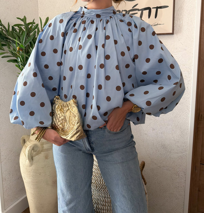 Blouse à pois dos nu bleu