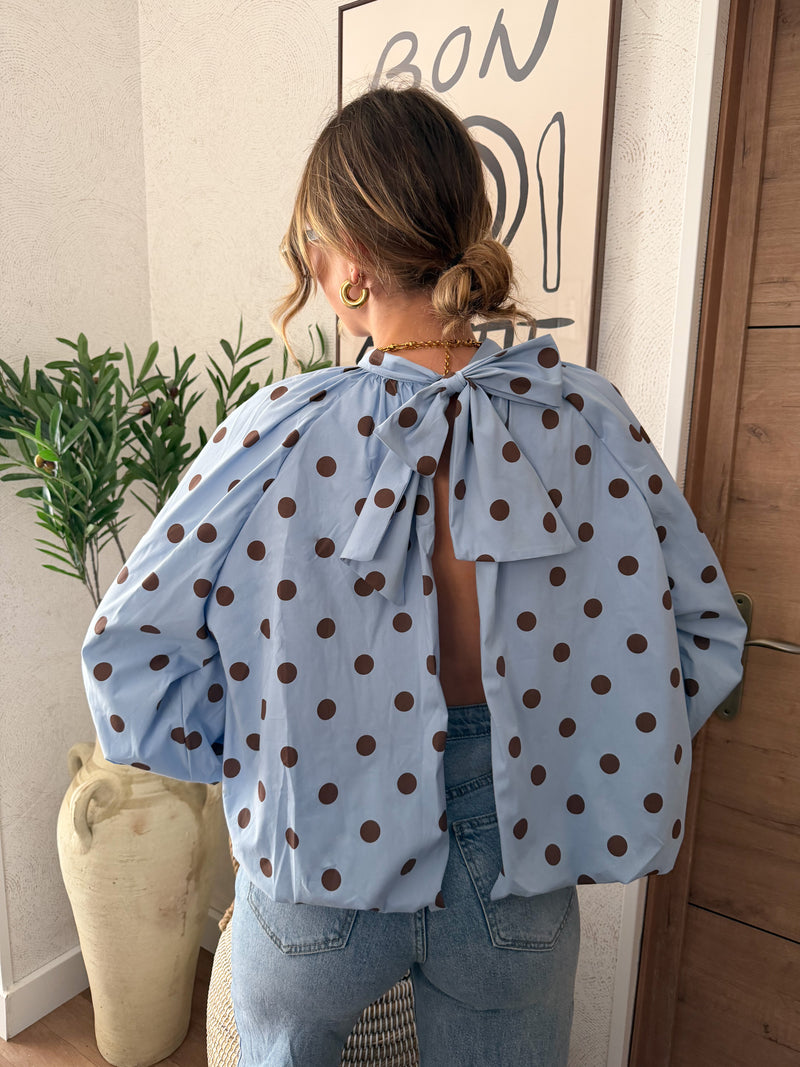 Blouse à pois dos nu bleu