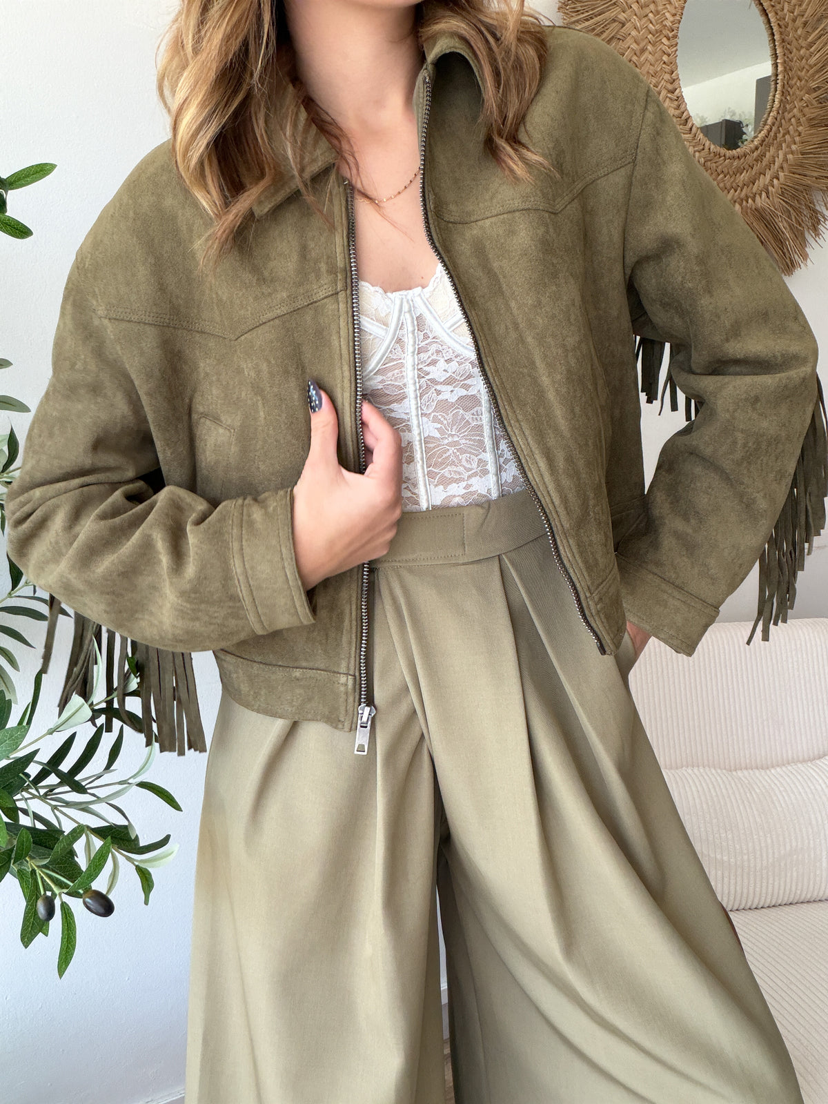 Veste franges kaki