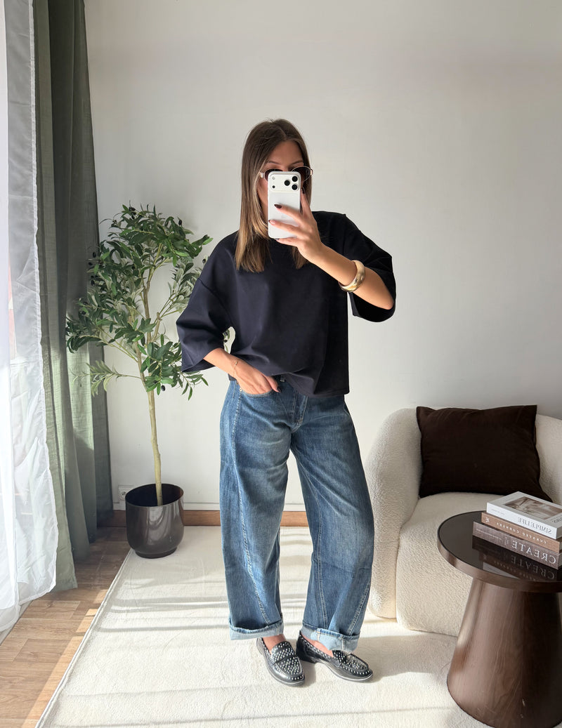 T-shirt cœur strass bleu marine