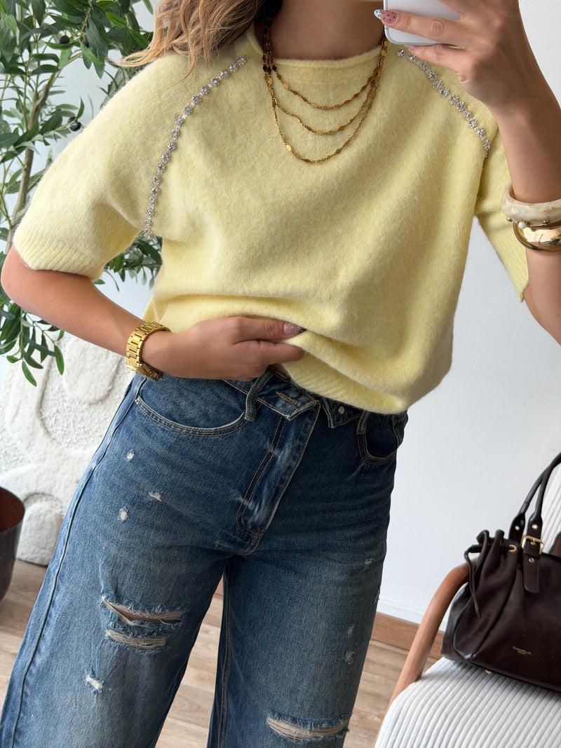 Pull strass jaune