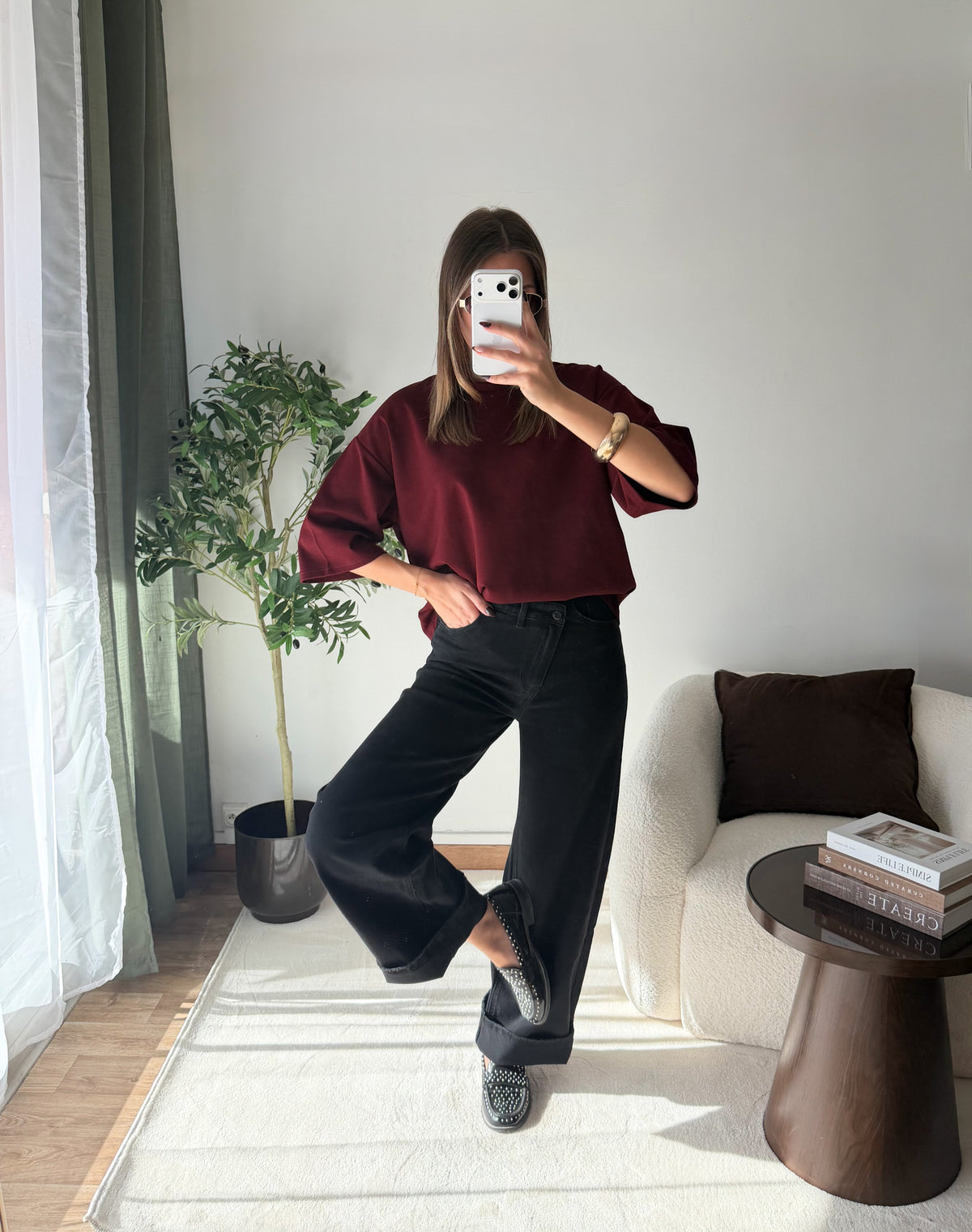 T-shirt cœur strass bordeaux