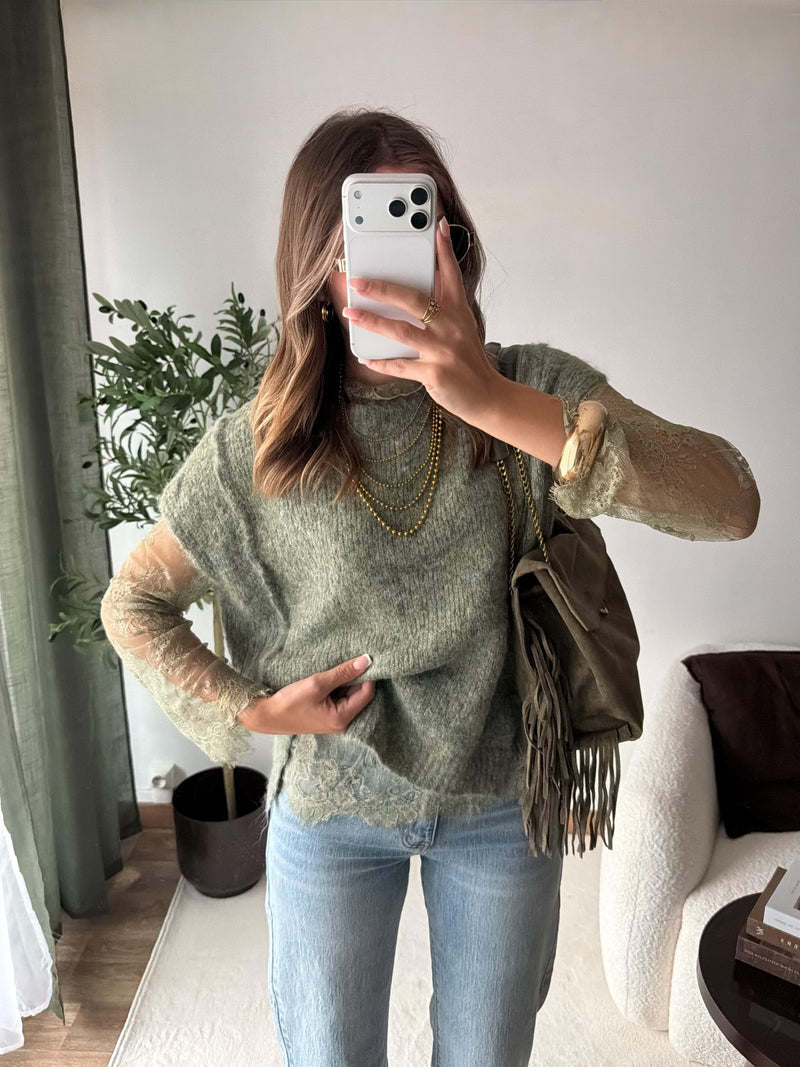 Pull dentelle kaki