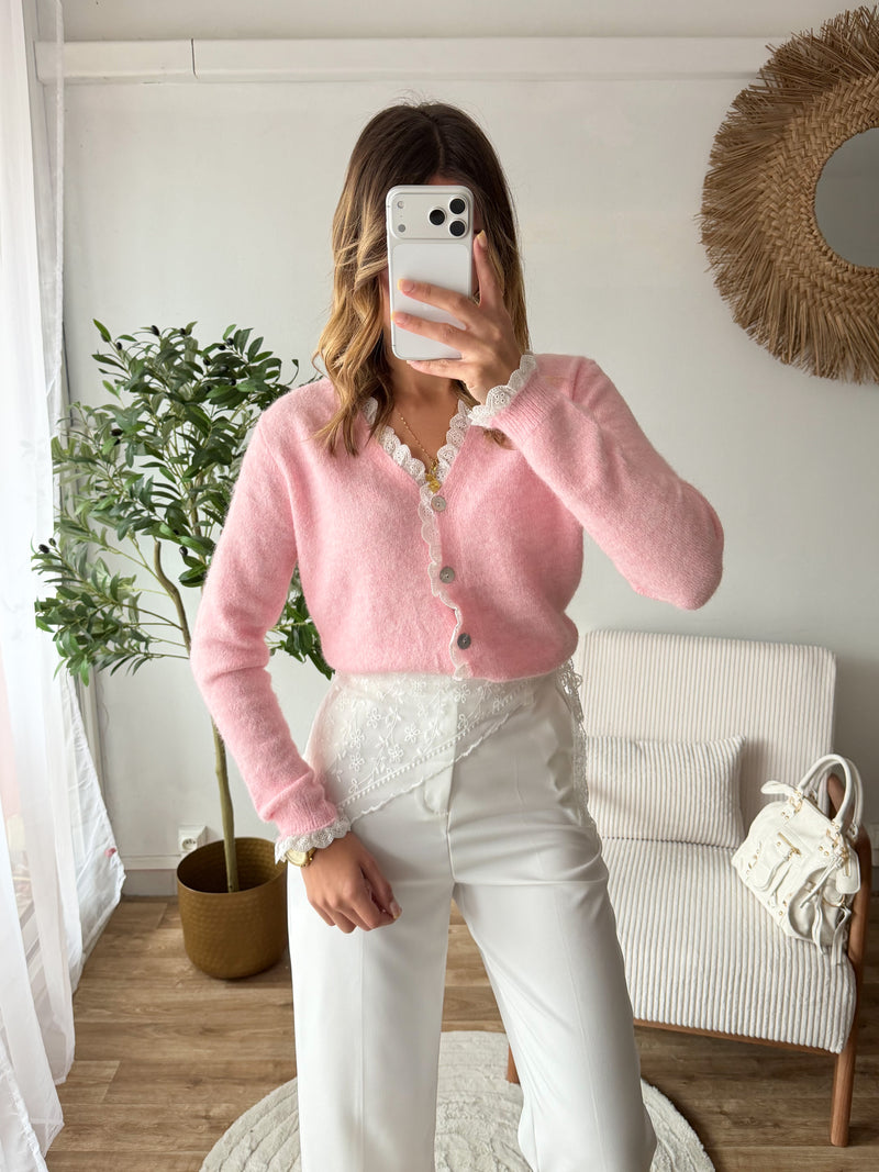 Cardigan dentelle rose