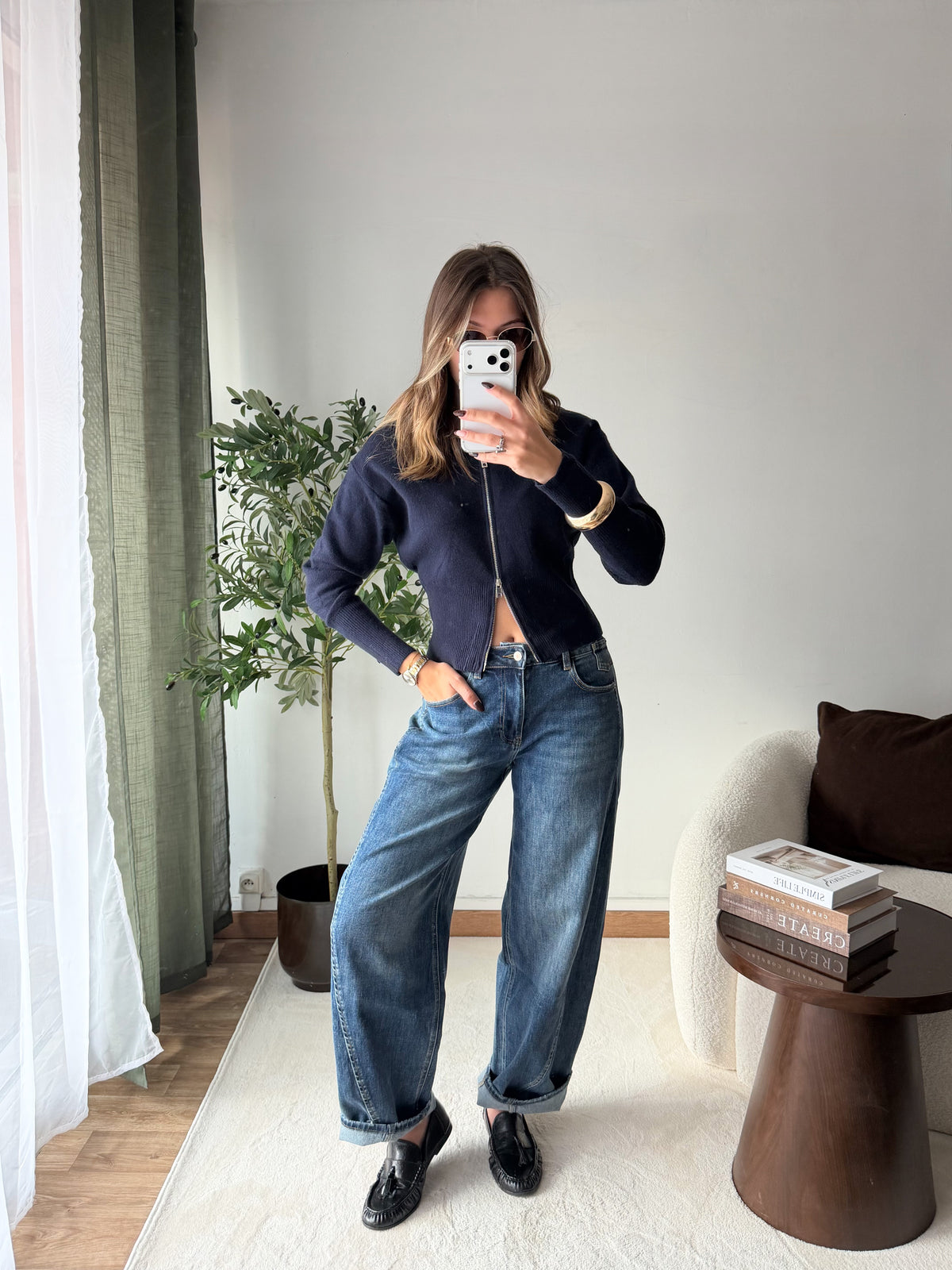 Jean barrel taille mi haute