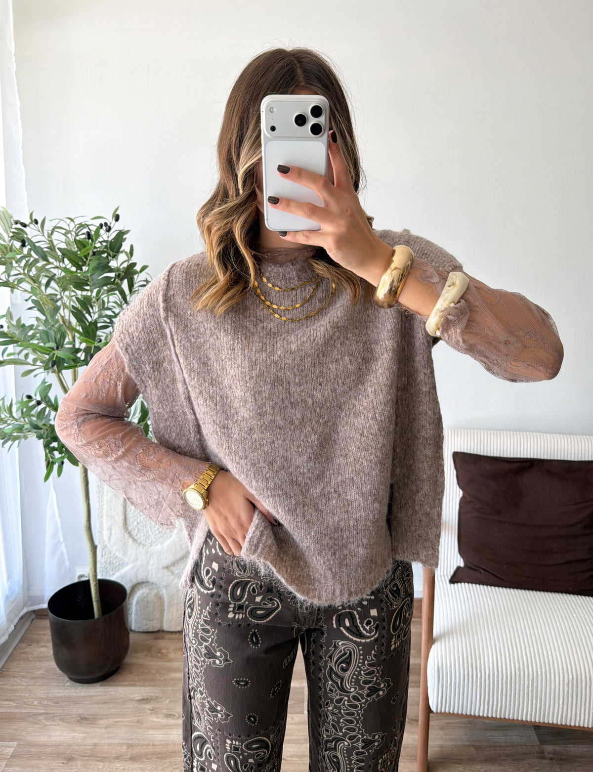 PRECOMMANDE Pull dentelle taupe ( expédition sous 5 jours )