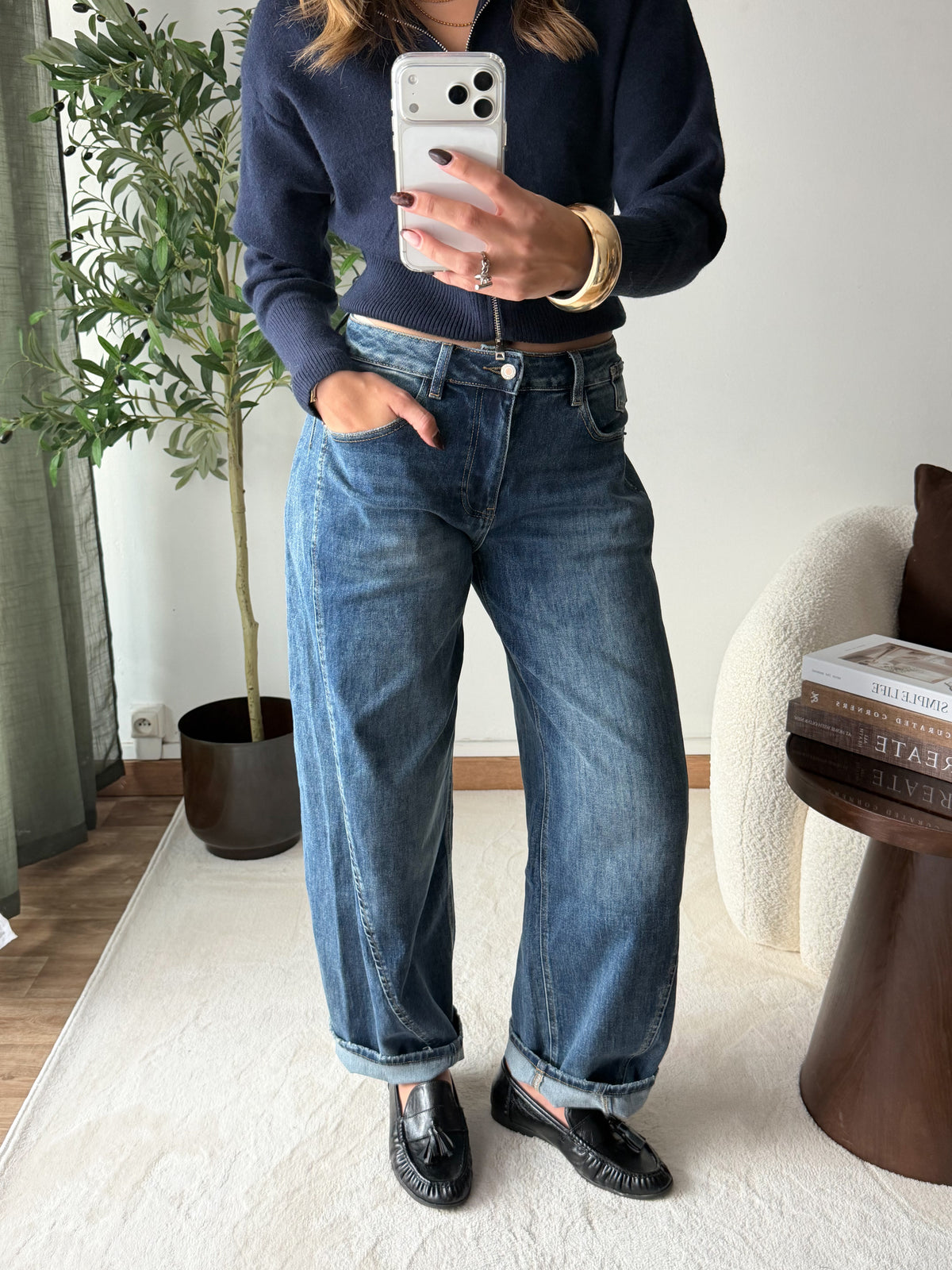 Jean barrel taille mi haute
